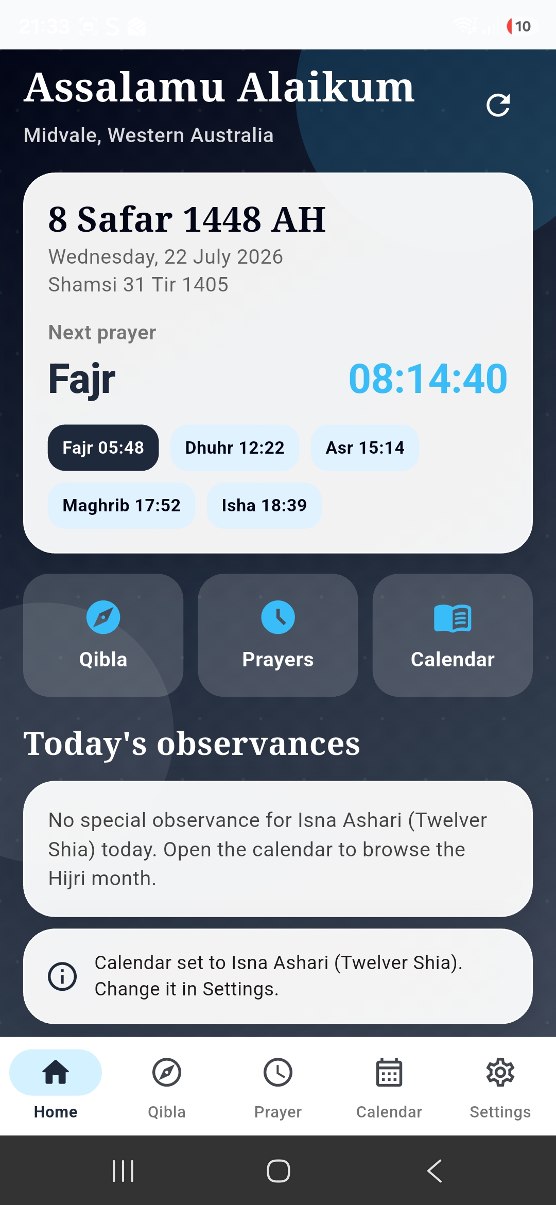 Qibla & Prayer home screen showing Islamic dates, next prayer countdown and daily prayer times