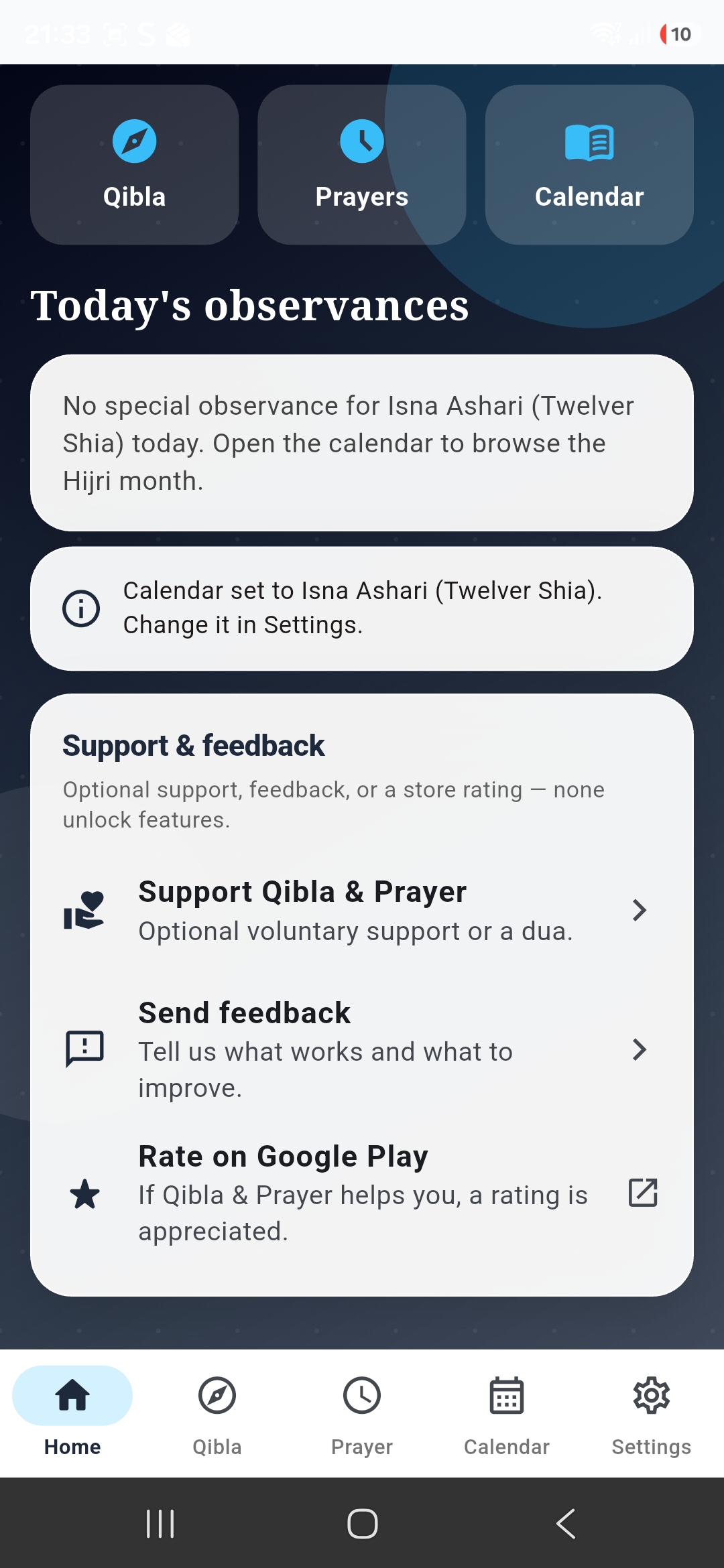 Qibla & Prayer home screen showing observances and support options