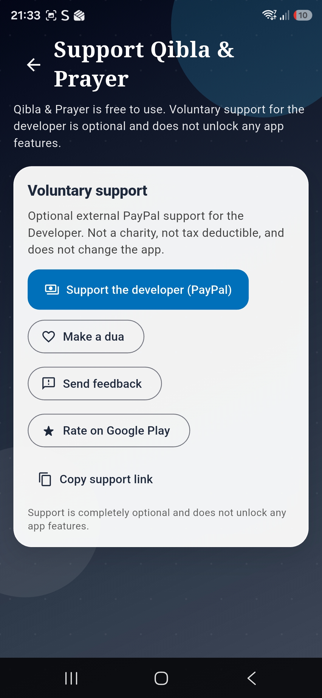 Qibla & Prayer support screen with optional PayPal support and feedback options